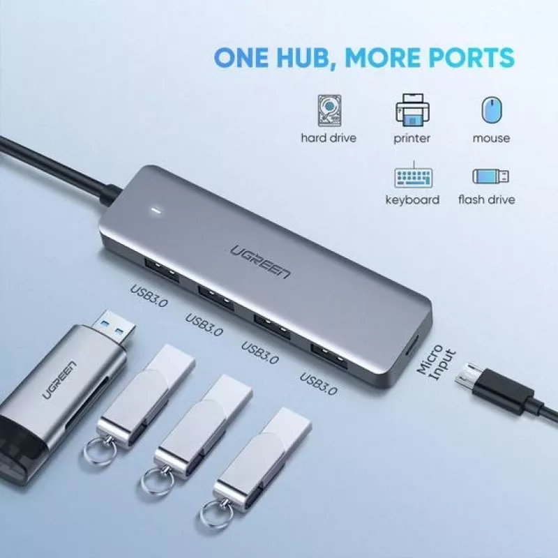 UGREEN 70336 (CM219) rozbočovač USB-C na 4x USB 3.0, 5 Gbps, OTG, napájací port USB-C, kábel 15 cm, sivý