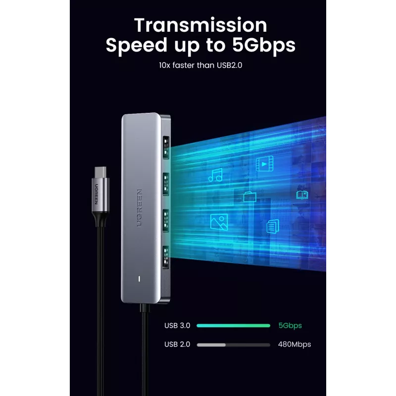 UGREEN 70336 (CM219) rozbočovač USB-C na 4x USB 3.0, 5 Gbps, OTG, napájací port USB-C, kábel 15 cm, sivý