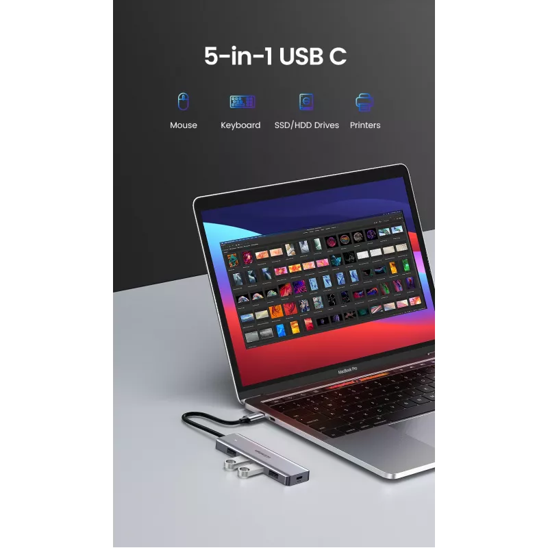 UGREEN 70336 (CM219) rozbočovač USB-C na 4x USB 3.0, 5 Gbps, OTG, napájací port USB-C, kábel 15 cm, sivý