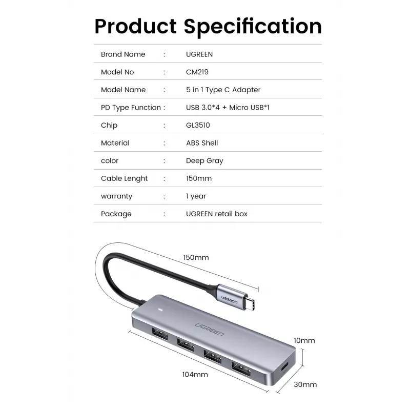 UGREEN 70336 (CM219) rozbočovač USB-C na 4x USB 3.0, 5 Gbps, OTG, napájací port USB-C, kábel 15 cm, sivý