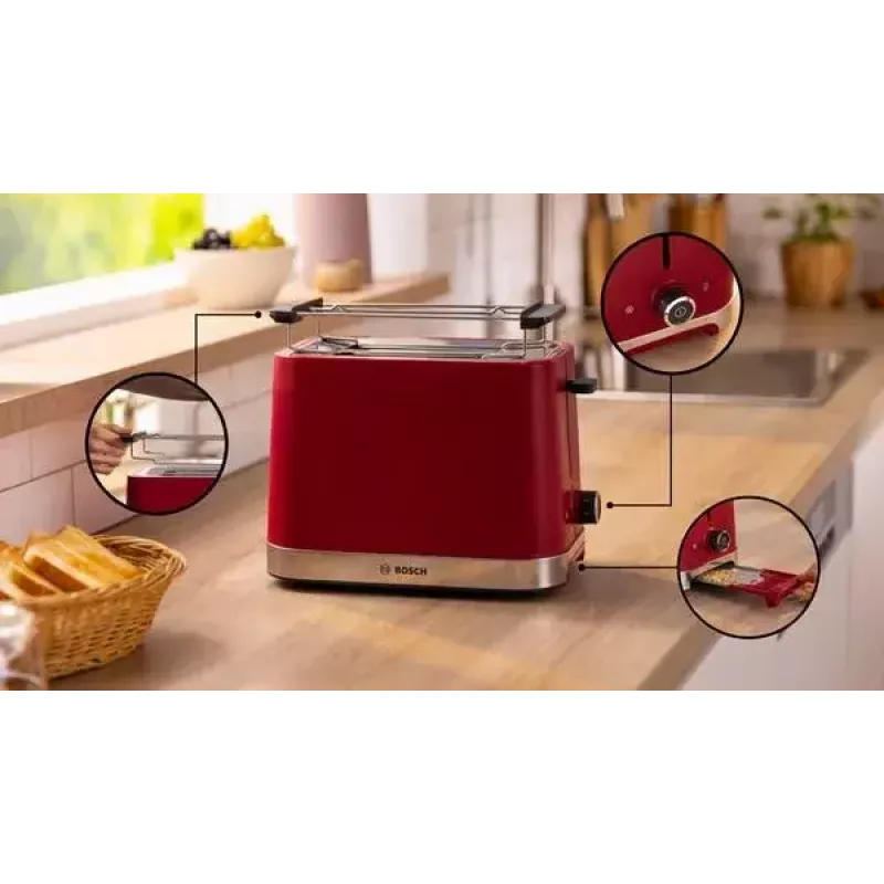 Hriankovač Bosch TAT4M224 2 plátky 950 W červená nehrdzavejúca oceľ