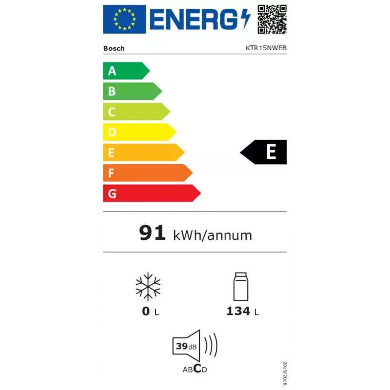 Chladnička Bosch Serie 2 KTR15NWEB, voľne stojaca, 134 l, biela, H850 × B560 × T580 mm, energetická trieda E