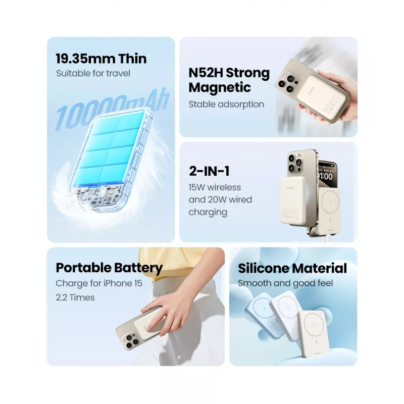 Ugreen 25208 Powerbank 10000 mAh bezdrôtové nabíjanie béžová