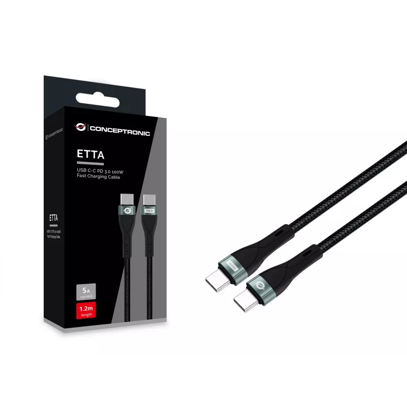 Conceptronic ETTA01B12 USB-C-C PD 3.0 100W rýchlonabíjací kábel 1,2 m, 20V 5A, 480 Mbit/s, E-Mark