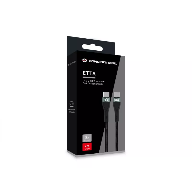 Conceptronic ETTA01B20 USB C-C PD 3.0 100W rýchlonabíjací kábel 2M, 20V 5A, 480Mbps, E-Mark