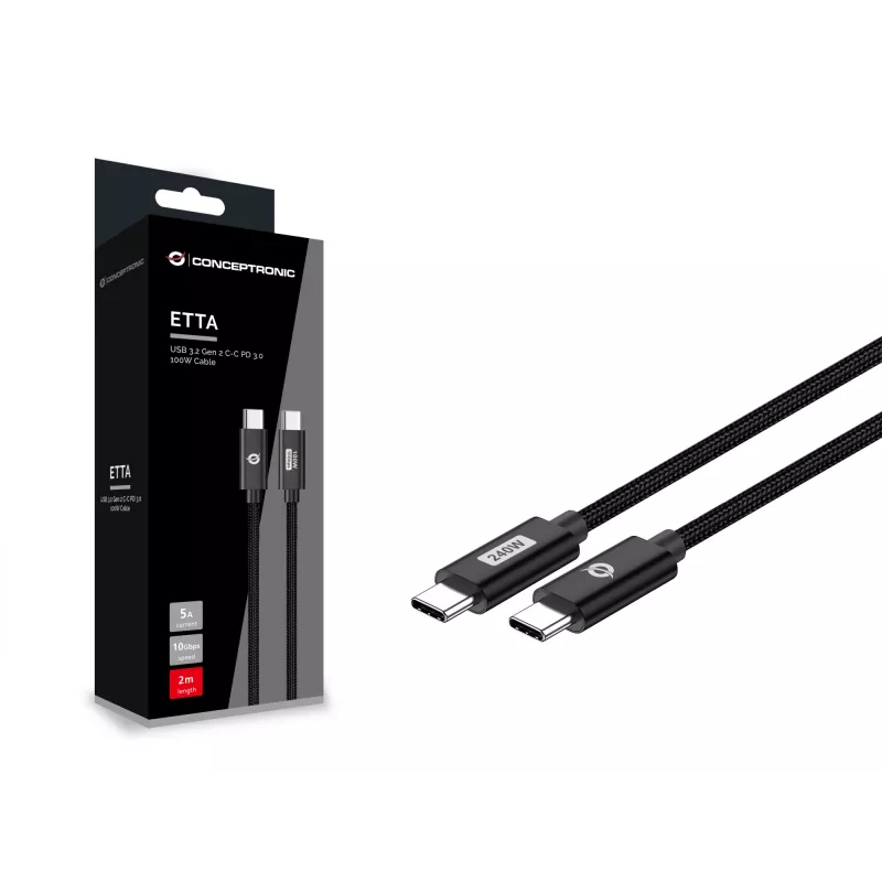 Conceptronic ETTA03B12 USB-C-USB-C PD 3.1 240 W rýchlonabíjací kábel 1,2 m, 48 V 5 A, 480 Mbit/s, E-Mark