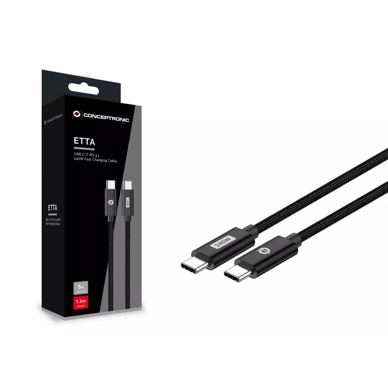 Conceptronic ETTA03B20 USB-C-USB-C PD 3.1 240 W rýchlonabíjací kábel, 2 m, 48 V/5 A, 480 Mbit/s, E-Mark