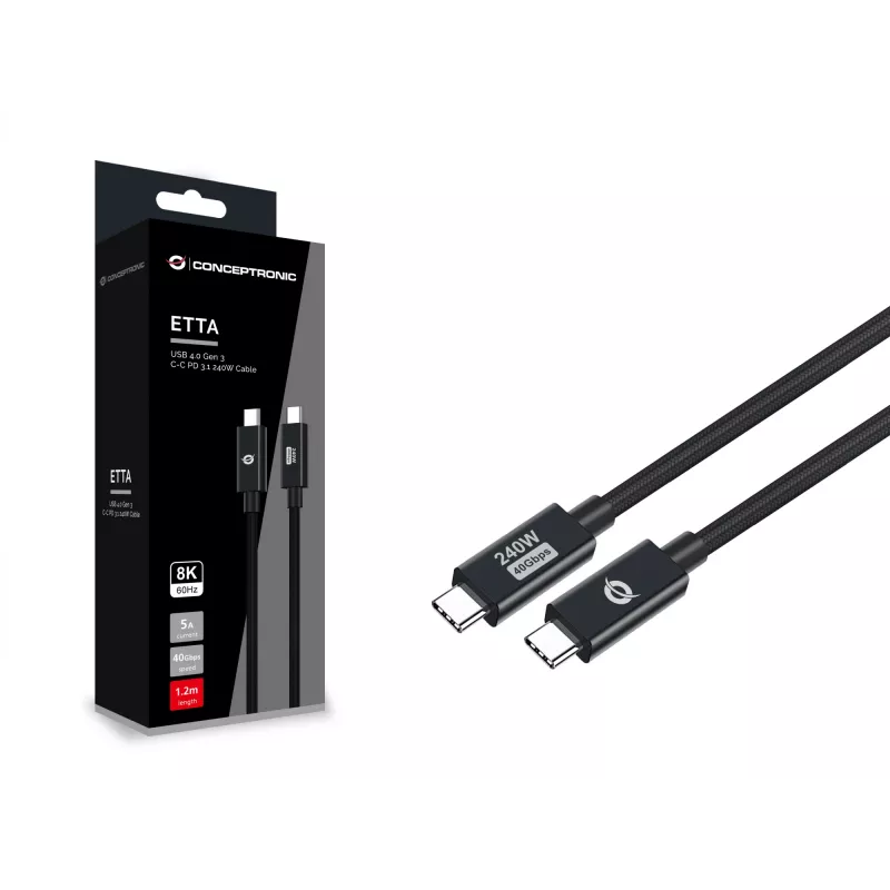Conceptronic ETTA04B12 USB 4.0 Gen 3 C-C PD 3.1 240W kábel 1,2 m, 48 V 5 A, 40 Gbit/s, E-Mark