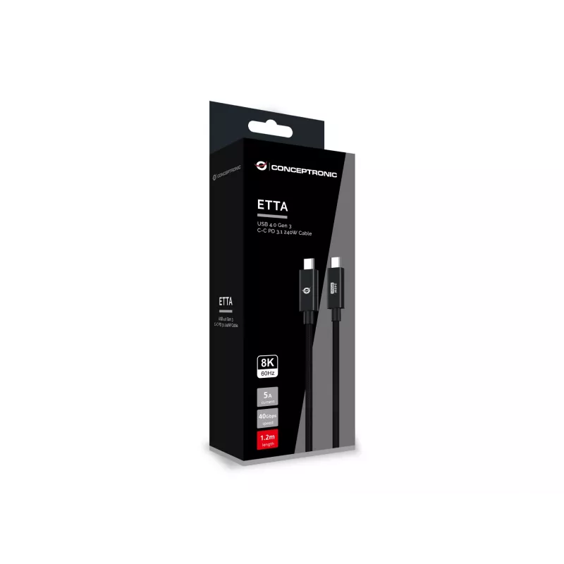 Conceptronic ETTA04B12 USB 4.0 Gen 3 C-C PD 3.1 240W kábel 1,2 m, 48 V 5 A, 40 Gbit/s, E-Mark