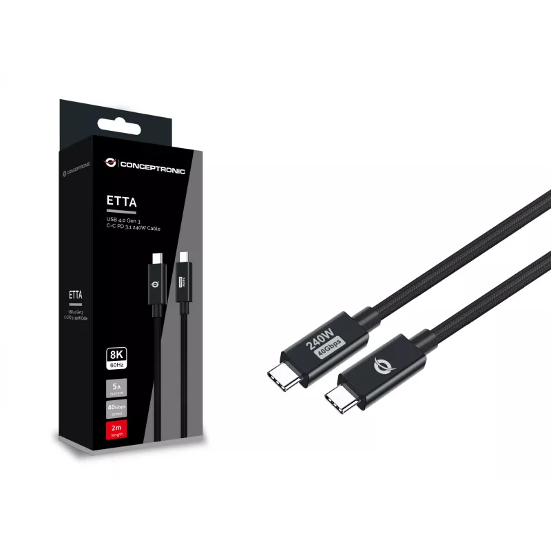 Conceptronic ETTA04B20 USB 4.0 Gen 3 C-C PD 3.1 240W kábel 2M, 48V 5A, 40Gbps, E-Mark