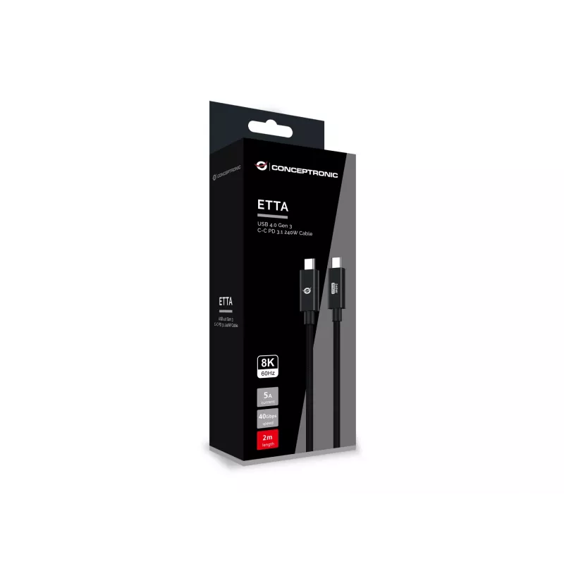 Conceptronic ETTA04B20 USB 4.0 Gen 3 C-C PD 3.1 240W kábel 2M, 48V 5A, 40Gbps, E-Mark