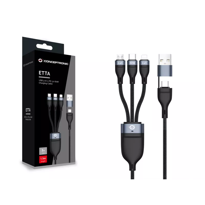 Conceptronic ETTA05B15 USB 3-in-1 PD 3.0 60W nabíjací kábel 1,5 m, 20V 3A, 480Mbps