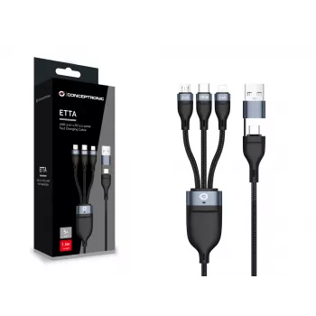 Conceptronic ETTA06B15 USB 3-in-1 PD 3.0 100W rýchlonabíjací kábel 1,5 m, 20V 5A, 480 Mbit/s, E-Mark