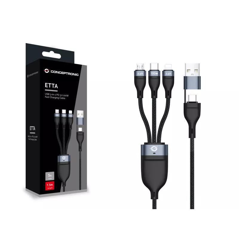 Conceptronic ETTA06B15 USB 3-in-1 PD 3.0 100W rýchlonabíjací kábel 1,5 m, 20V 5A, 480 Mbit/s, E-Mark