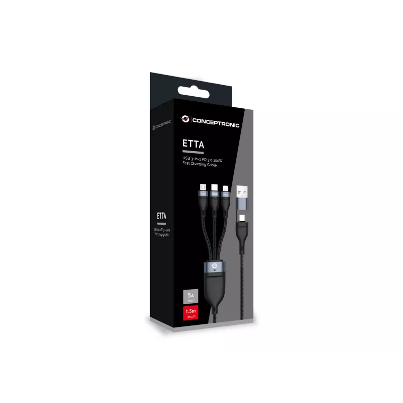 Conceptronic ETTA06B15 USB 3-in-1 PD 3.0 100W rýchlonabíjací kábel 1,5 m, 20V 5A, 480 Mbit/s, E-Mark