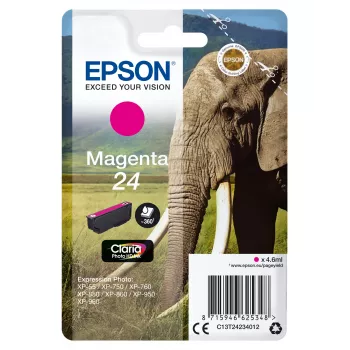 Epson Elephant jednoduché balenie purpurová 24 Claria Photo HD atrament, štandardná výťažnosť, purpurová, pigmentový atrament, 4,6 ml, 1 ks, 360 strán