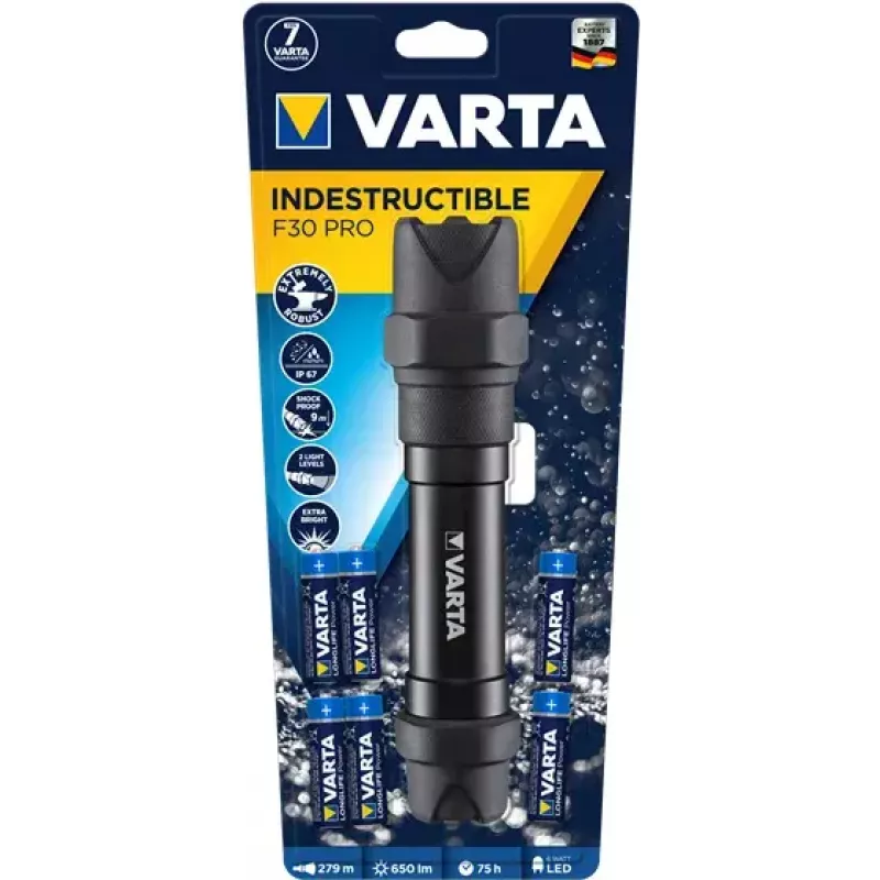Varta Indestructible F30 Pro 18714101421 LED baterka, 6 W, 650 lm, hliník, čierna