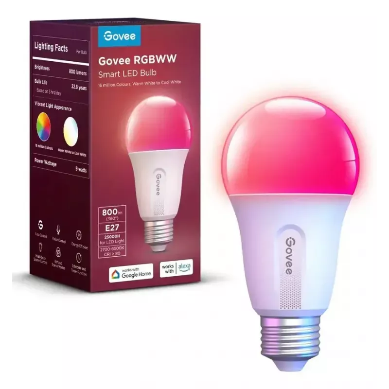 Govee smart Wifi&BLE žiarovka 800 lm — E27, 9 W, Wi‑Fi/Bluetooth, biela