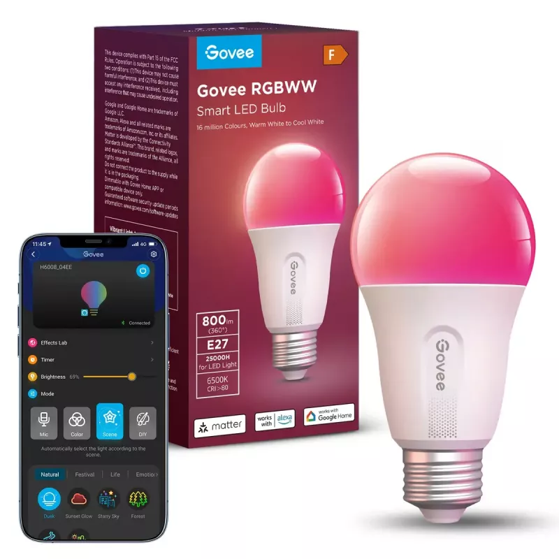 Govee smart Wifi&BLE žiarovka 800 lm — E27, 9 W, Wi‑Fi/Bluetooth, biela