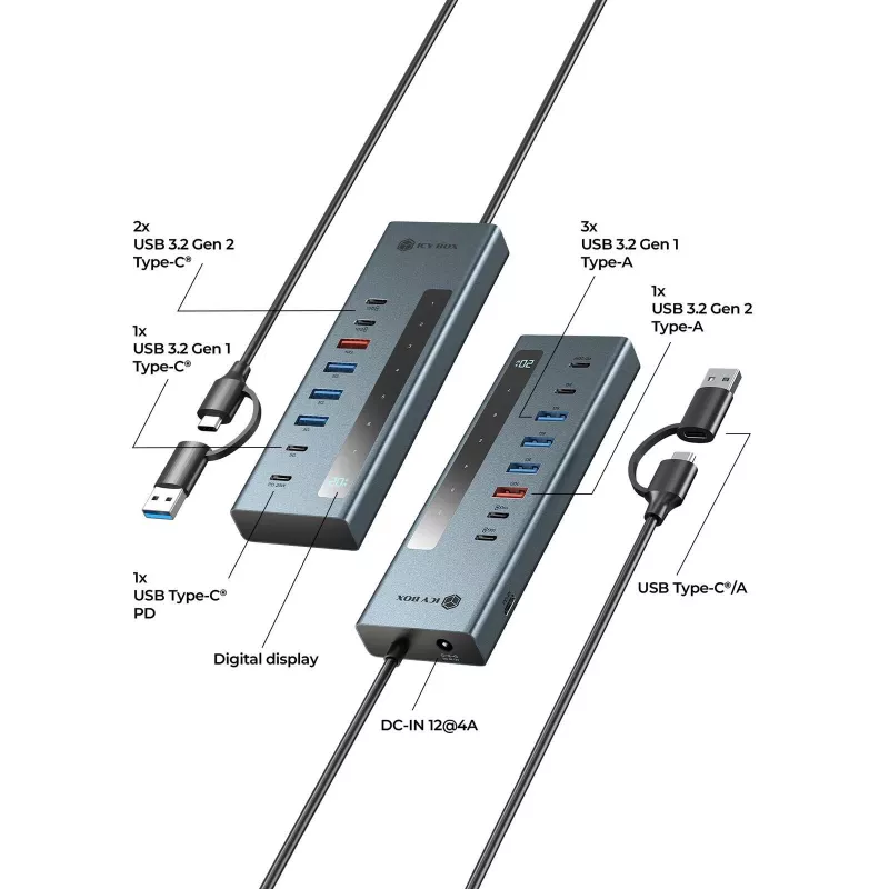 RAIDSONIC ICY BOX 9-in-1 hub s Power Delivery, USB 3.2 Gen 2 Type-C/Type-A host, hliník, modrý