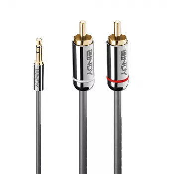 Lindy 5m 3,5mm jack na Cinch audiokábel, Cromo Line, 3,5mm jack, konektor samec, 2 x Cinch, konektor samec, 5 m, antracitová