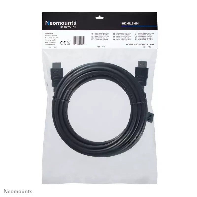 Neomounts HDMI15MM HDMI kábel – 5 metrov, 5 m, HDMI Type-A (štandard), HDMI Type-A (štandard), 10,2 Gbit/s, čierny
