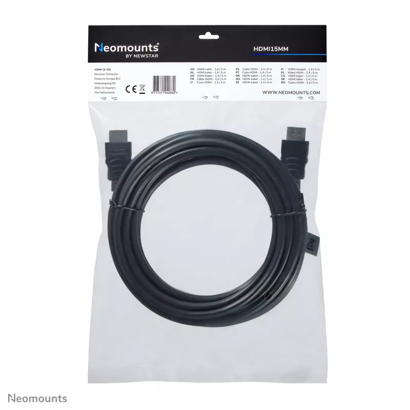 Neomounts HDMI15MM HDMI kábel – 5 metrov, 5 m, HDMI Type-A (štandard), HDMI Type-A (štandard), 10,2 Gbit/s, čierny