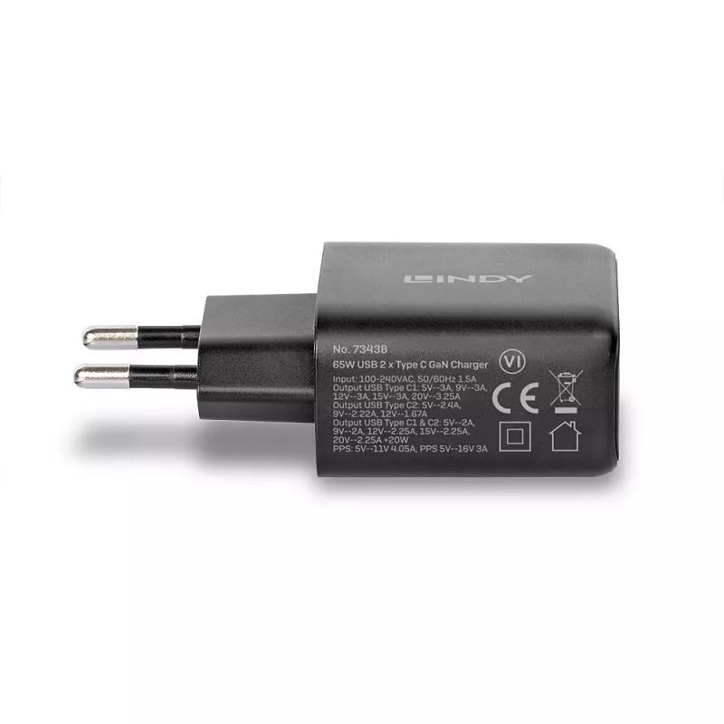 Lindy 65W USB 2 x Type-C GaN nabíjačka 73438