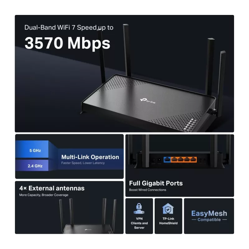 TP-Link Archer BE220 WLAN router Gigabit Ethernet dualband (2,4 GHz / 5 GHz) čierny