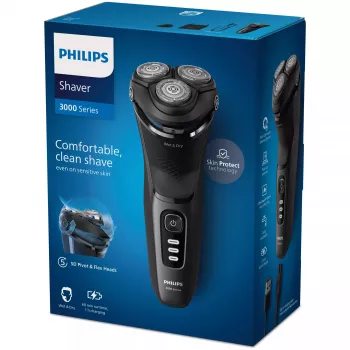 Elektrický rotačný holiaci strojček Philips 3000 Series S3244/12 – 3 hnacie hlavy, mokré a suché holenie, Li-Ion, 60 min. výdrž, pop-up zastrihávač, umývateľný, čierny