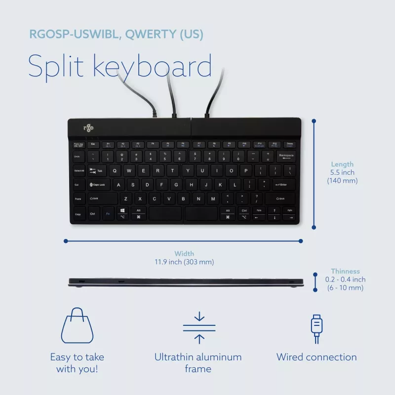 R-Go Tools ergonomická klávesnica R-Go Split Break v2 so softvérom Break, ergonomická delená klávesnica, QWERTY (US), káblová, čierna