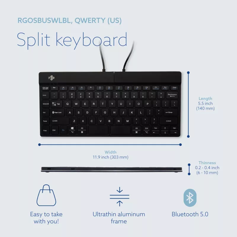 R-Go Tools ergonomická klávesnica R-Go Split Break so softvérom na prestávky, ergonomická delená klávesnica, QWERTY (US), Bluetooth, čierna