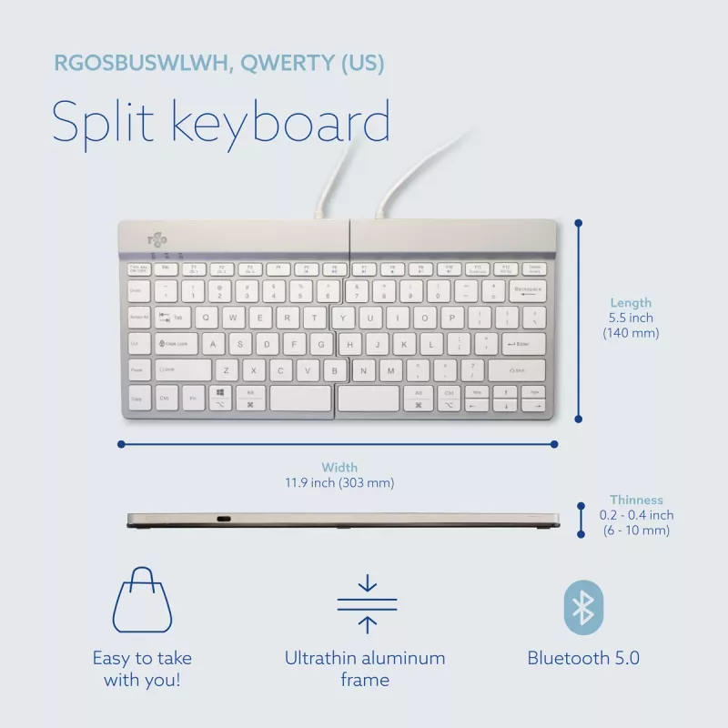 R-Go Tools ergonomická klávesnica R-Go Split Break so softvérom na prestávky, ergonomická delená klávesnica, QWERTY (US), Bluetooth, biela