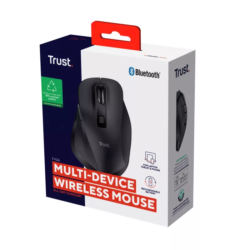 TRUST Fyda Office ergonomická pravá bezdrôtová myš – RF + Bluetooth 5.2 – optická 2400 DPI – 6 tlačidiel – čierna
