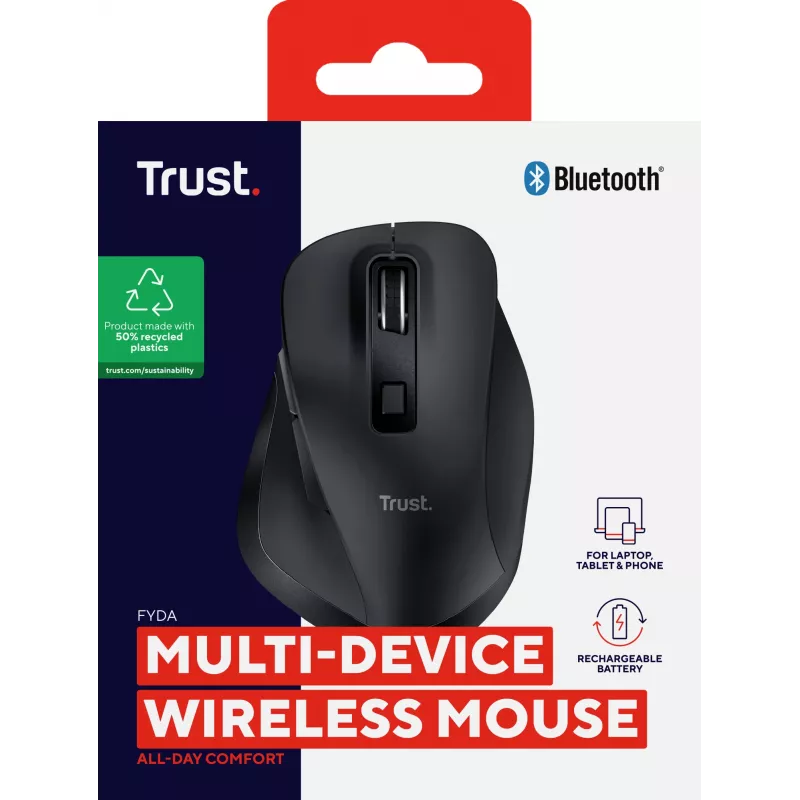 TRUST Fyda Office ergonomická pravá bezdrôtová myš – RF + Bluetooth 5.2 – optická 2400 DPI – 6 tlačidiel – čierna