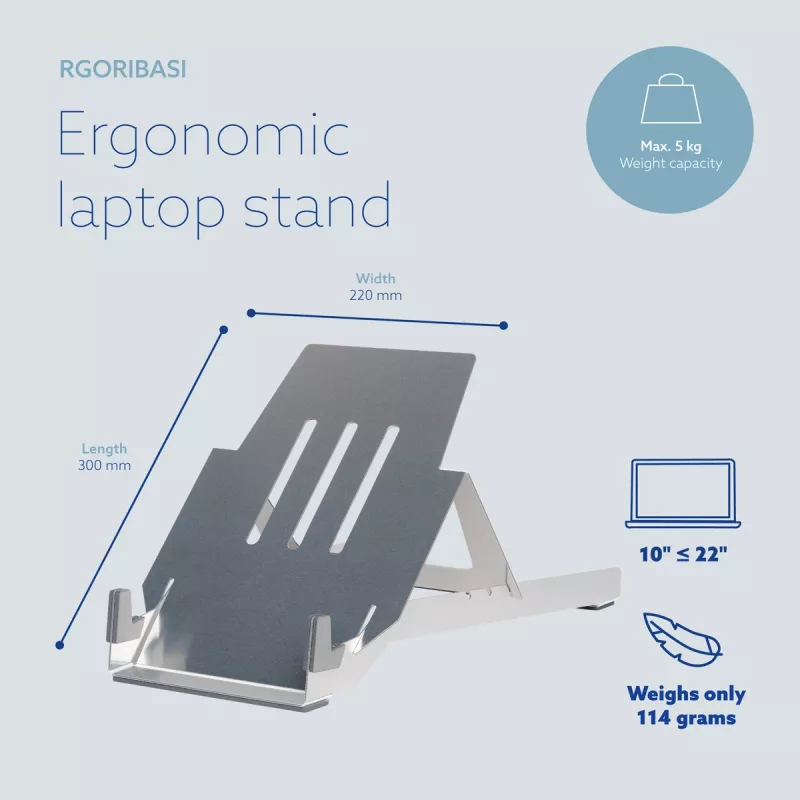 R-Go Tools držiak na notebook R-Go Riser Basic, skladací a nastaviteľný podstavec na notebook, Hliník, strieborný