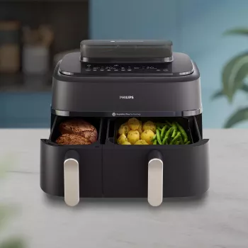 Teplovzdušná fritéza Philips 5000 Serie NA551/00 — 9 L kapacita, 2300 W, dotykové ovládanie, LED displej, čierna/strieborná