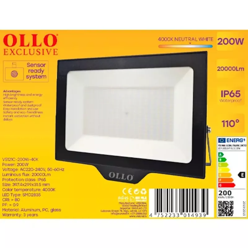 Vonkajší LED reflektor OLLO VS121C-200W-40K — 200 W, 20 000 lm, 4000 K