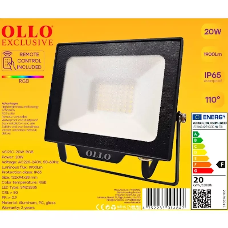 Vonkajší LED reflektor OLLO VS121C-20W-RGB 20W 1900lm RGB