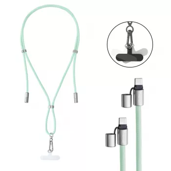 Intenso USB-C nabíjací popruh kábel na krk pre telefón 60W rýchle nabíjanie nastaviteľná dĺžka 1,65m nylon zelený