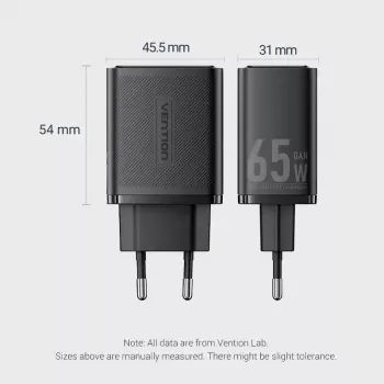 Vention FERW0-EU 65W interiérová AC rýchlonabíjačka pre notebook, smartfón, tablet, smart hodinky, slúchadlá, 2× USB-C, biela