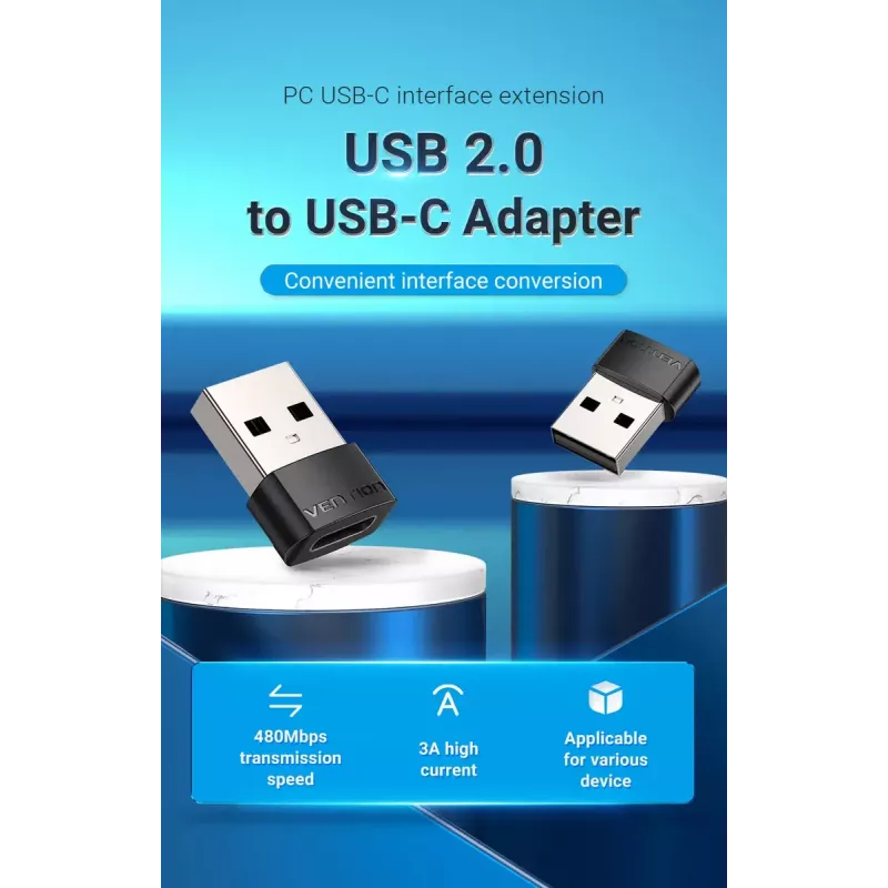 USB adaptér Vention CDWB0 USB 2.0 konektor samec na USB-C konektor samica čierny PVC