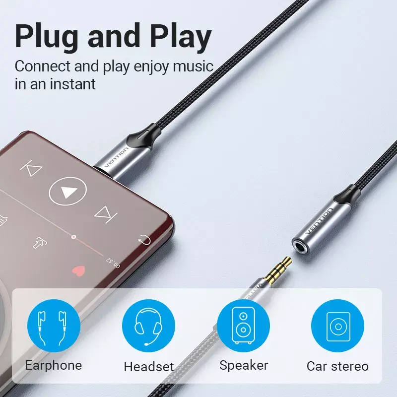 Vention USB-C na 3,5 mm konektor pre slúchadlá adaptér BGMHA, USB Type-C konektor samec na 3,5 mm konektor samica, 0,1 m, sivý