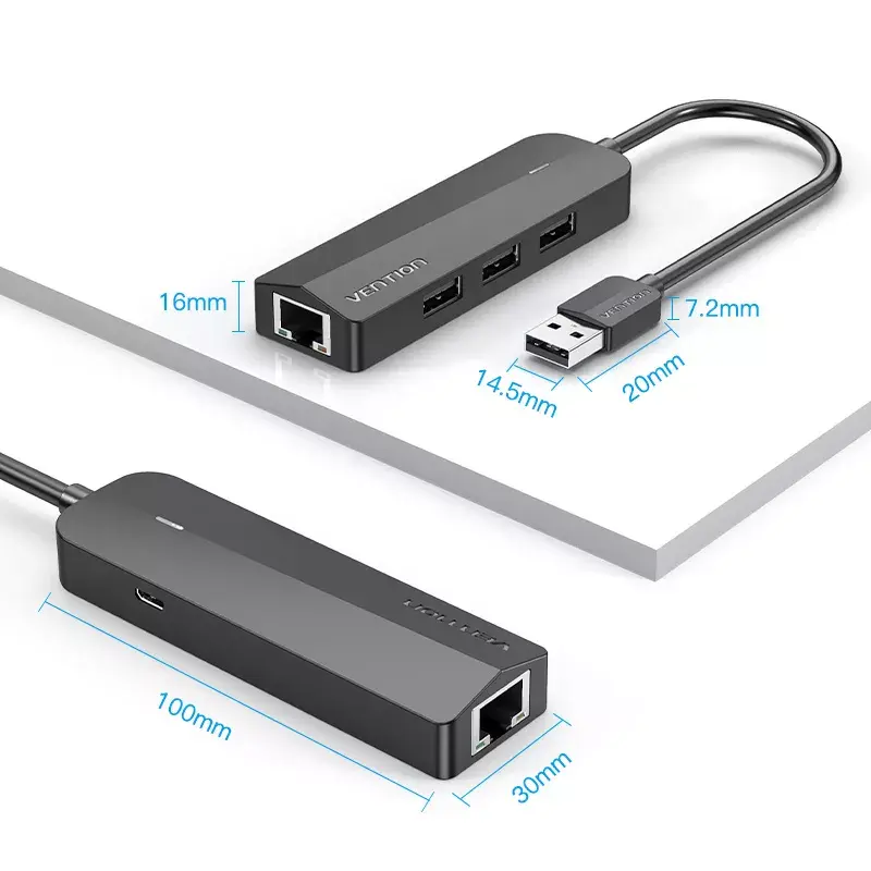 USB 2.0 hub Vention 3-portový s 100M Ethernet adaptérom, USB 2.0 host, 4 porty, čierny