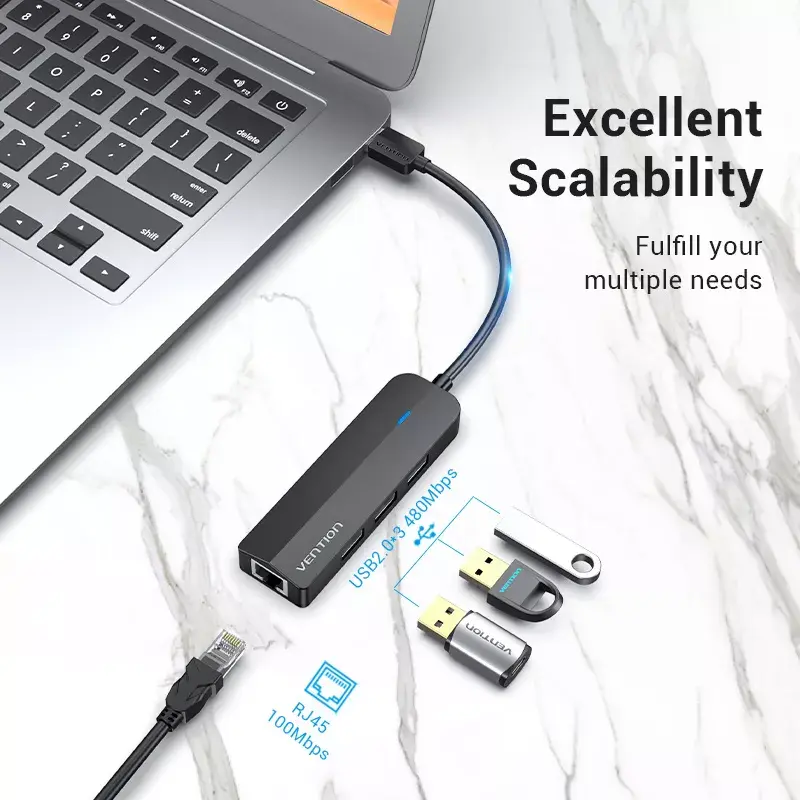 USB 2.0 hub Vention 3-portový s 100M Ethernet adaptérom, USB 2.0 host, 4 porty, čierny
