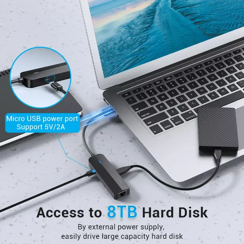 USB 2.0 hub Vention 3-portový s 100M Ethernet adaptérom, USB 2.0 host, 4 porty, čierny
