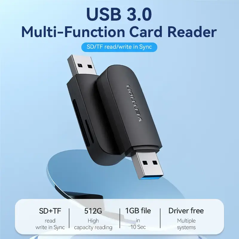 Vention CLGB0 čítačka kariet 2 v 1, USB 3.0 A, SD + TF, dvojité písmeno jednotky, čierna