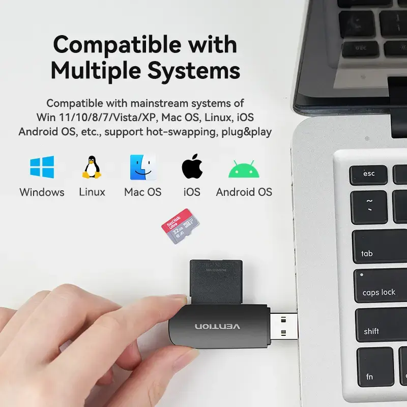 Vention 2-in-1 USB 3.0 A čítačka kariet SD+TF, USB 3.2 Gen 1, 5000 Mbit/s, čierna