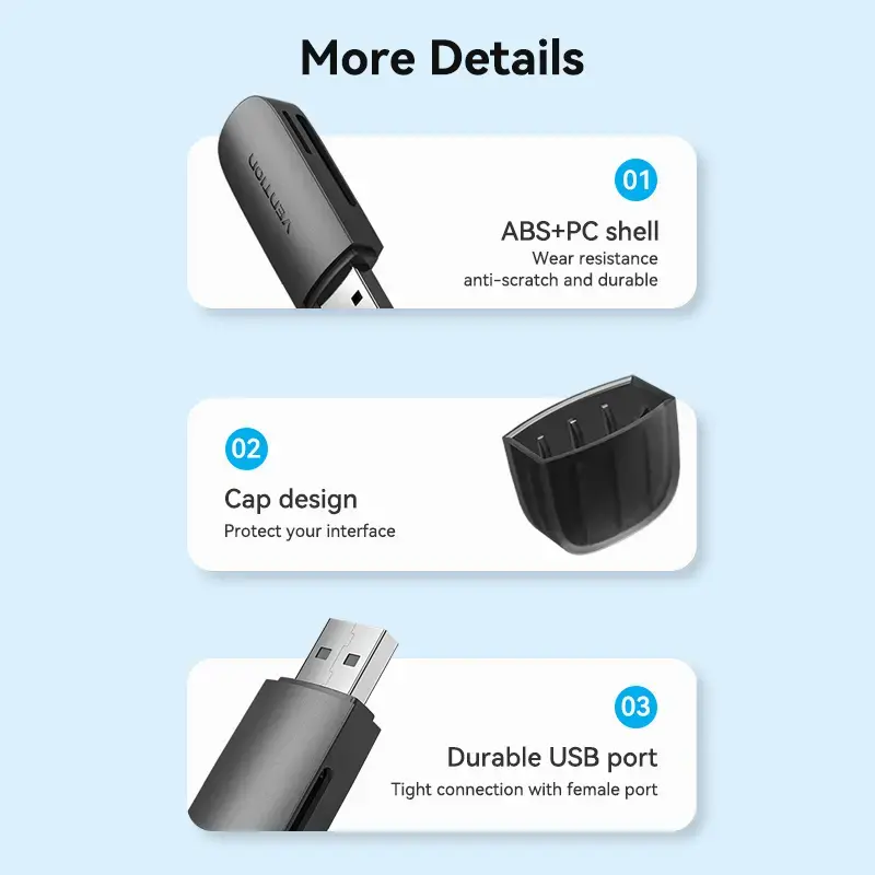 Vention 2-in-1 USB 3.0 A čítačka kariet SD+TF, USB 3.2 Gen 1, 5000 Mbit/s, čierna