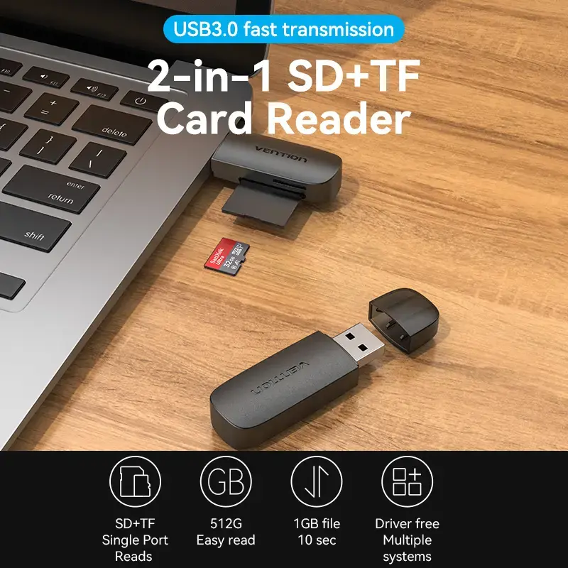 Vention 2-in-1 USB 3.0 A čítačka kariet SD+TF, USB 3.2 Gen 1, 5000 Mbit/s, čierna